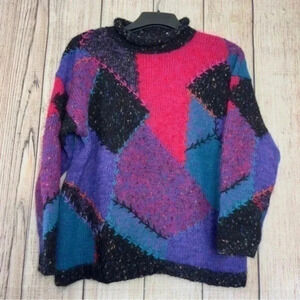Vintage 80s Segrets Patchwork Womens Wool Blend knit Sweaters Large